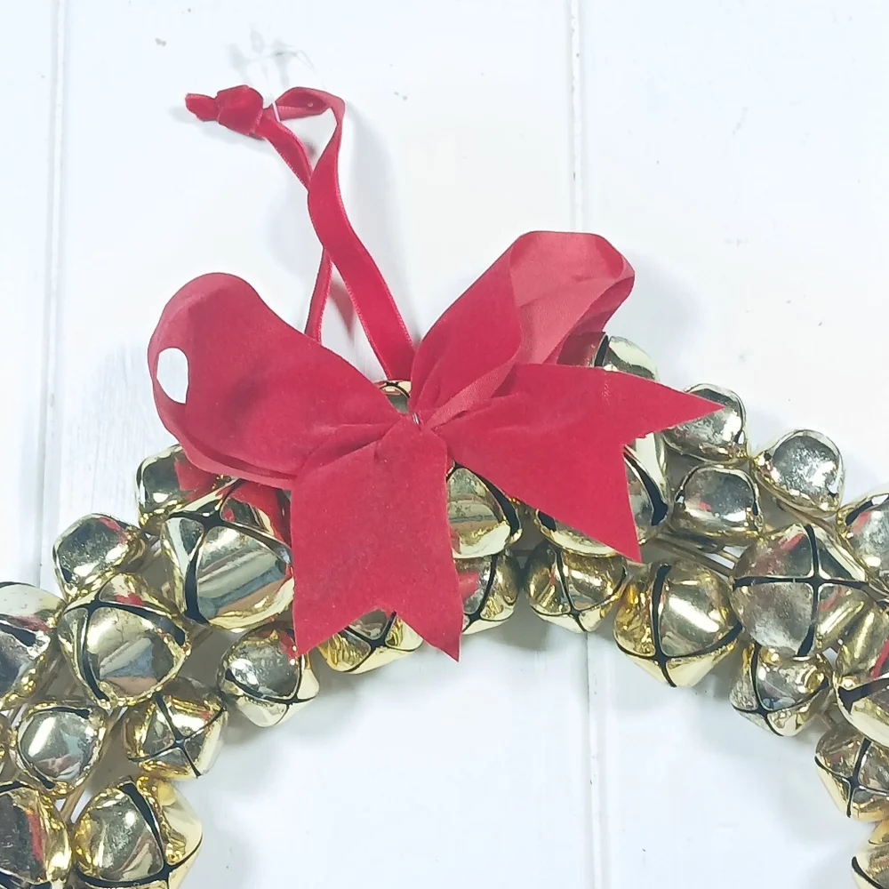 Holiday Christmas Large Jingle Bell Wreath 12”Gold Metal  Hanging Indoor Outdoor